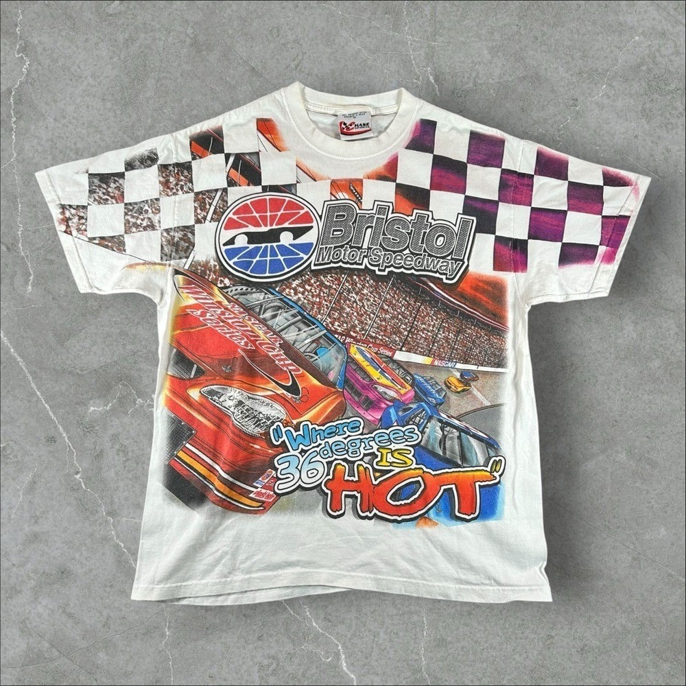Vintage Chase Authentics Shirt Mens Medium White 90s Y2K Nascar Aop Colorful